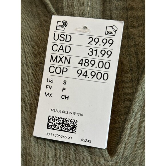 H&M NWT Muslin Dress 100% Cotton Khaki Green Gauzy Size Small Boho Beachy New - Picture 3 of 9